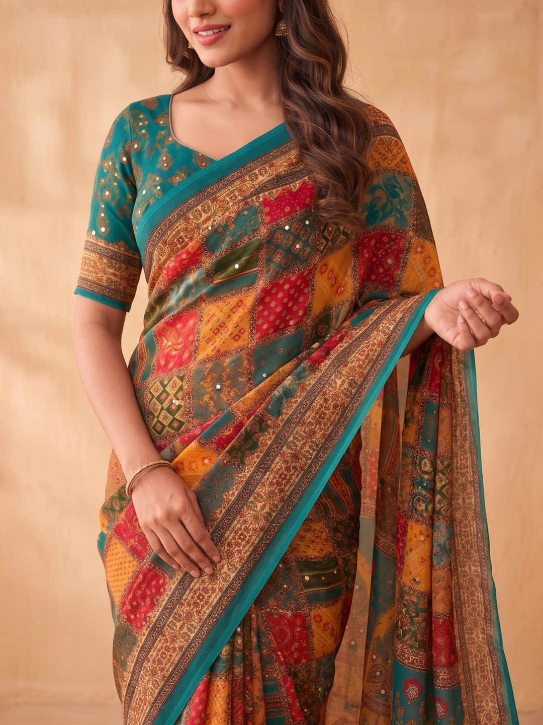 Peachmode Teal Weightless Georgette Digital Kalamkari Festival Printed Saree With Mirror Work - Image 3