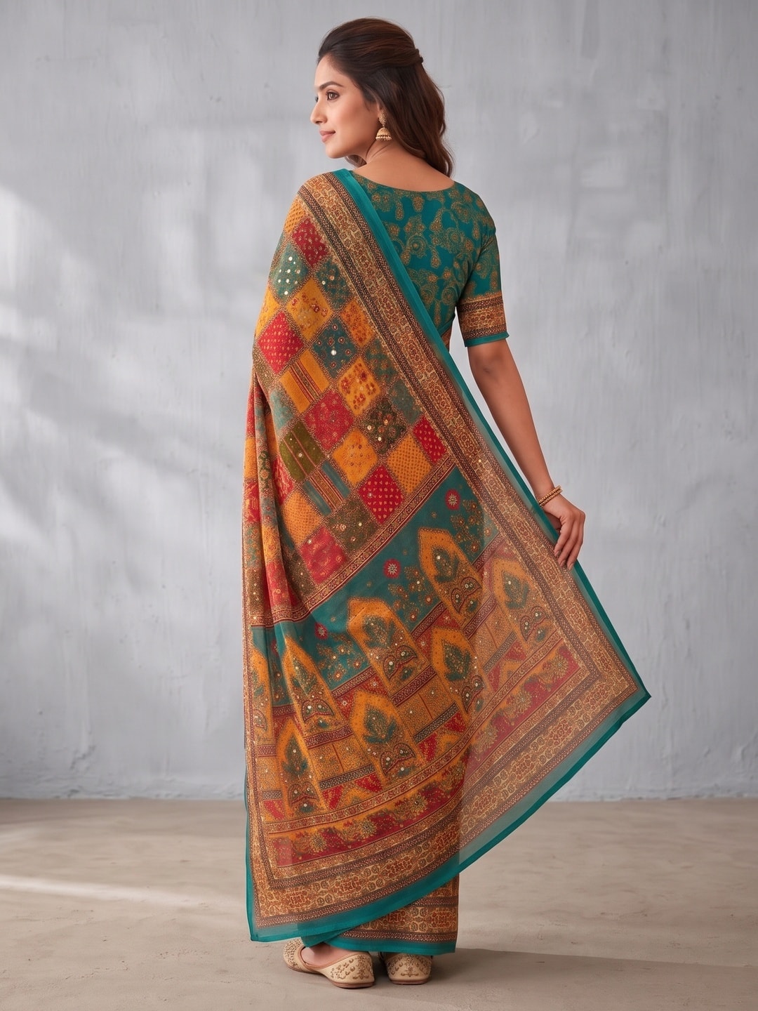 Peachmode Teal Weightless Georgette Digital Kalamkari Festival Printed Saree With Mirror Work - Image 4