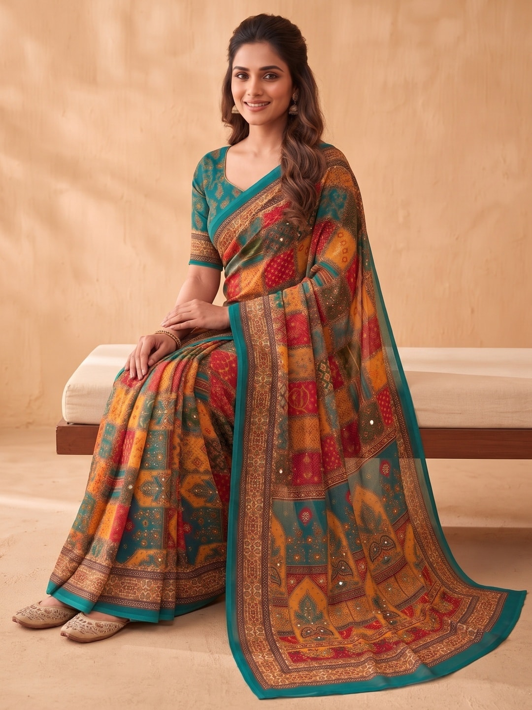 Peachmode Teal Weightless Georgette Digital Kalamkari Festival Printed Saree With Mirror Work - Image 5