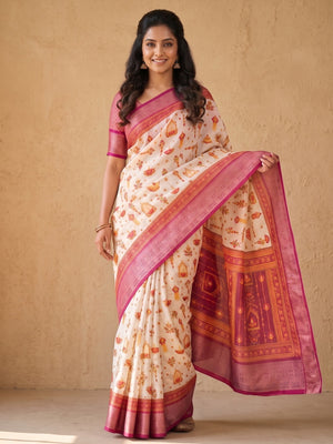 Peachmode Cream Soft Linen Festival Printed Saree With Jhumka Pallu - Image 1