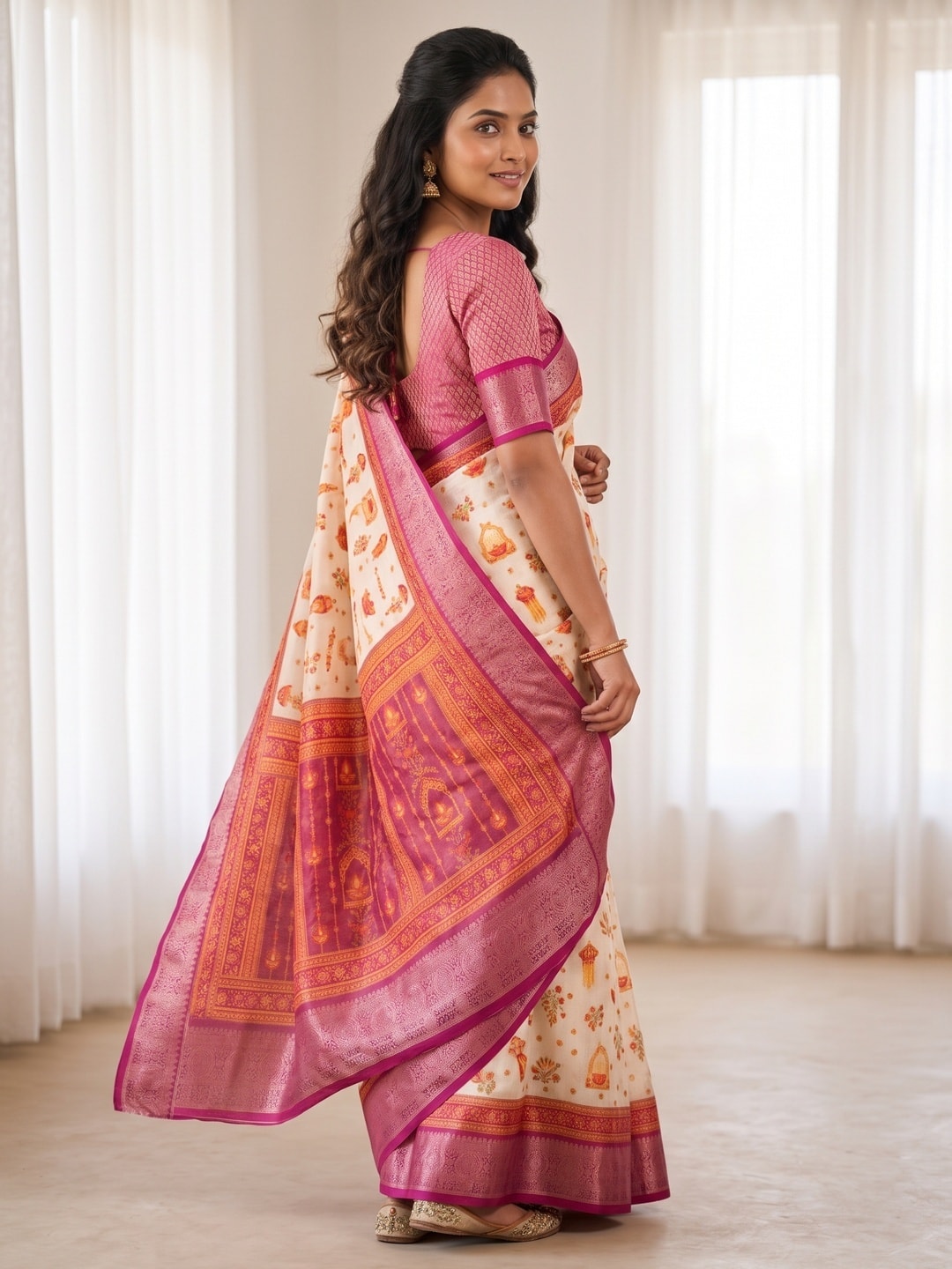 Peachmode Cream Soft Linen Festival Printed Saree With Jhumka Pallu - Image 4