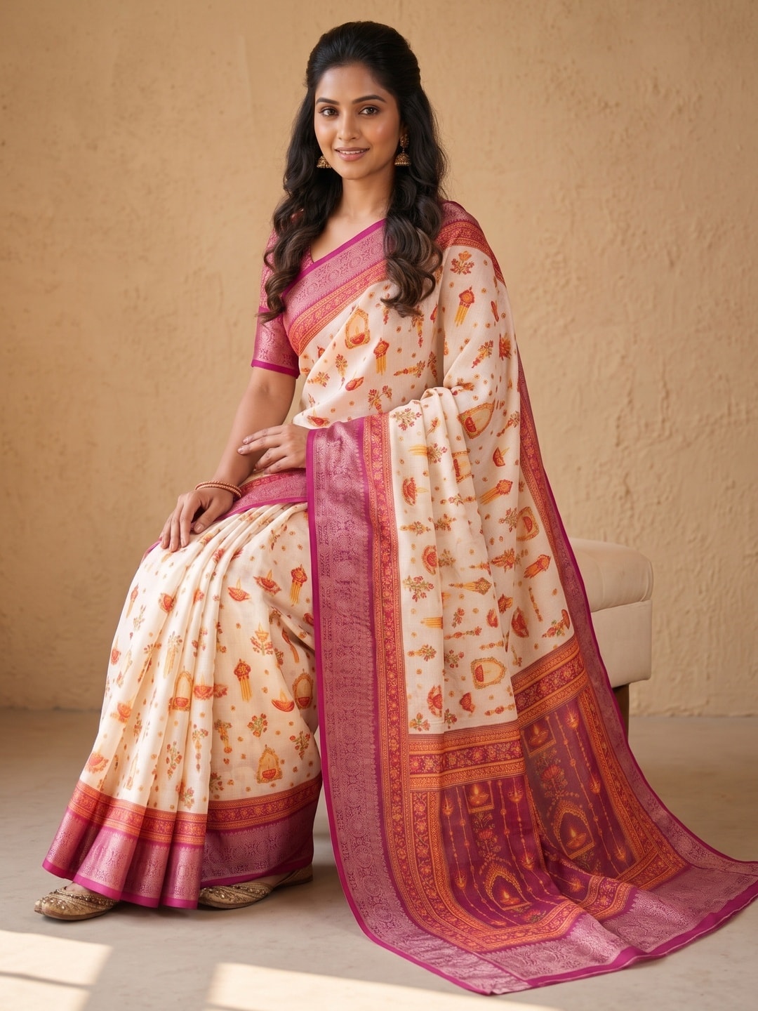 Peachmode Cream Soft Linen Festival Printed Saree With Jhumka Pallu - Image 5