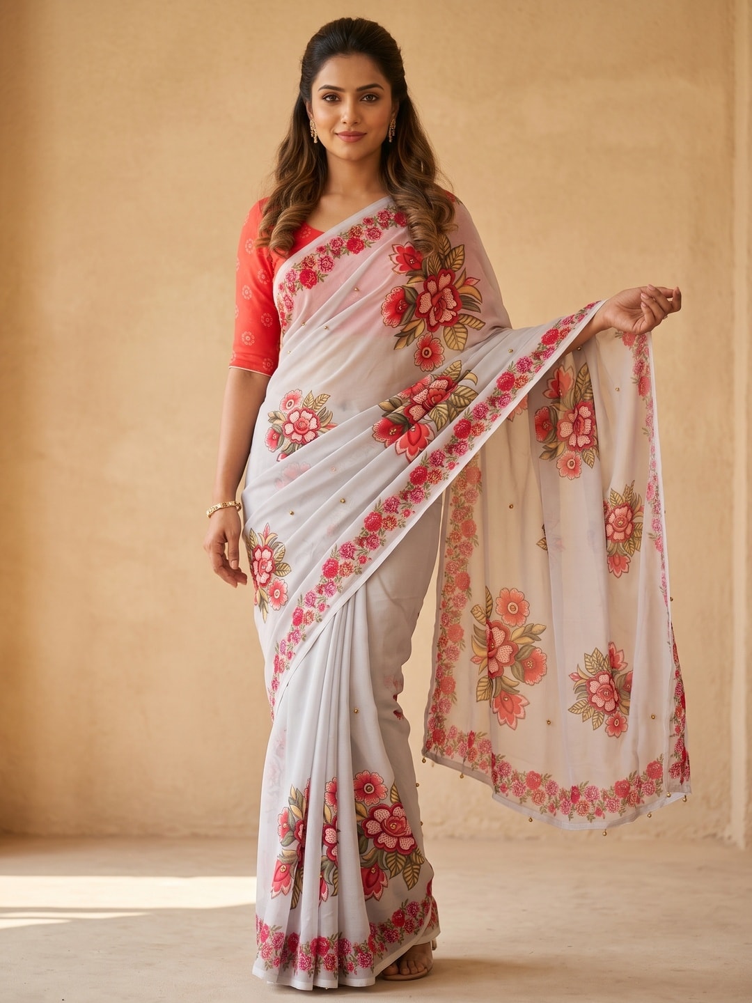 Peachmode Grey Weightless Georgette Digital Floral Printed Saree With Ghungru Work - Image 1
