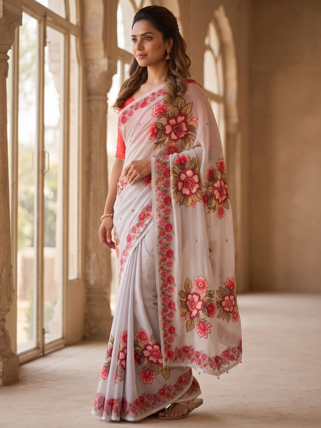 Peachmode Grey Weightless Georgette Digital Floral Printed Saree With Ghungru Work - Image 2
