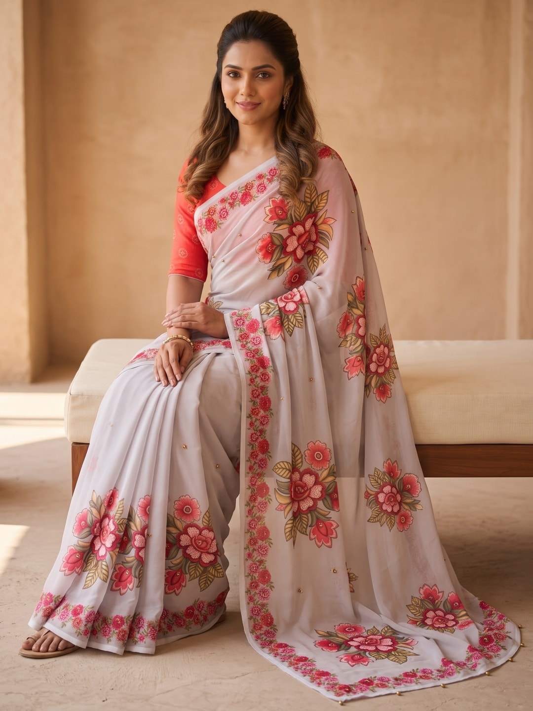 Peachmode Grey Weightless Georgette Digital Floral Printed Saree With Ghungru Work - Image 5