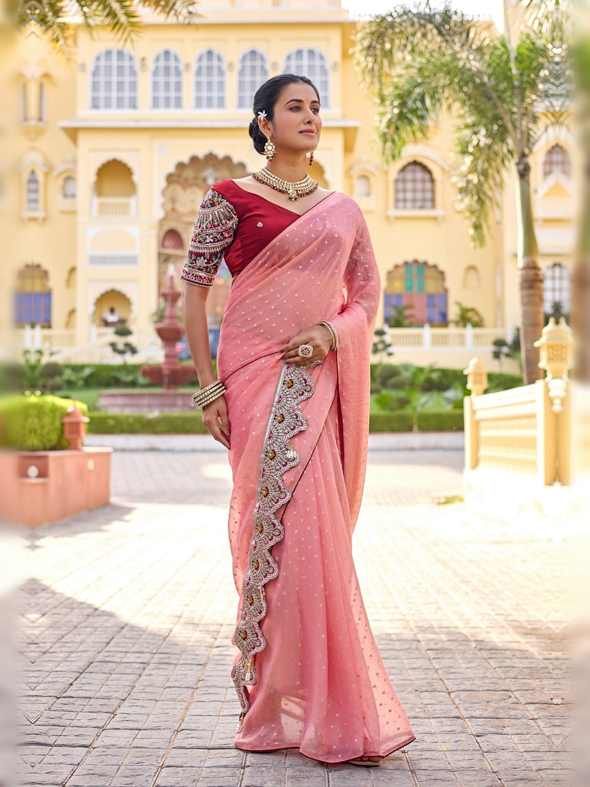 Peachmode Coral Bhutti Georgette Saree With Heavy Embroidered Scalloped Border - Image 1