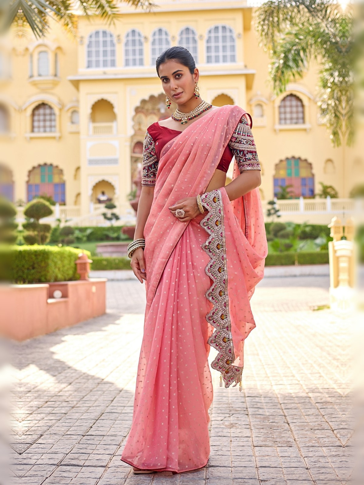 Peachmode Coral Bhutti Georgette Saree With Heavy Embroidered Scalloped Border - Image 3