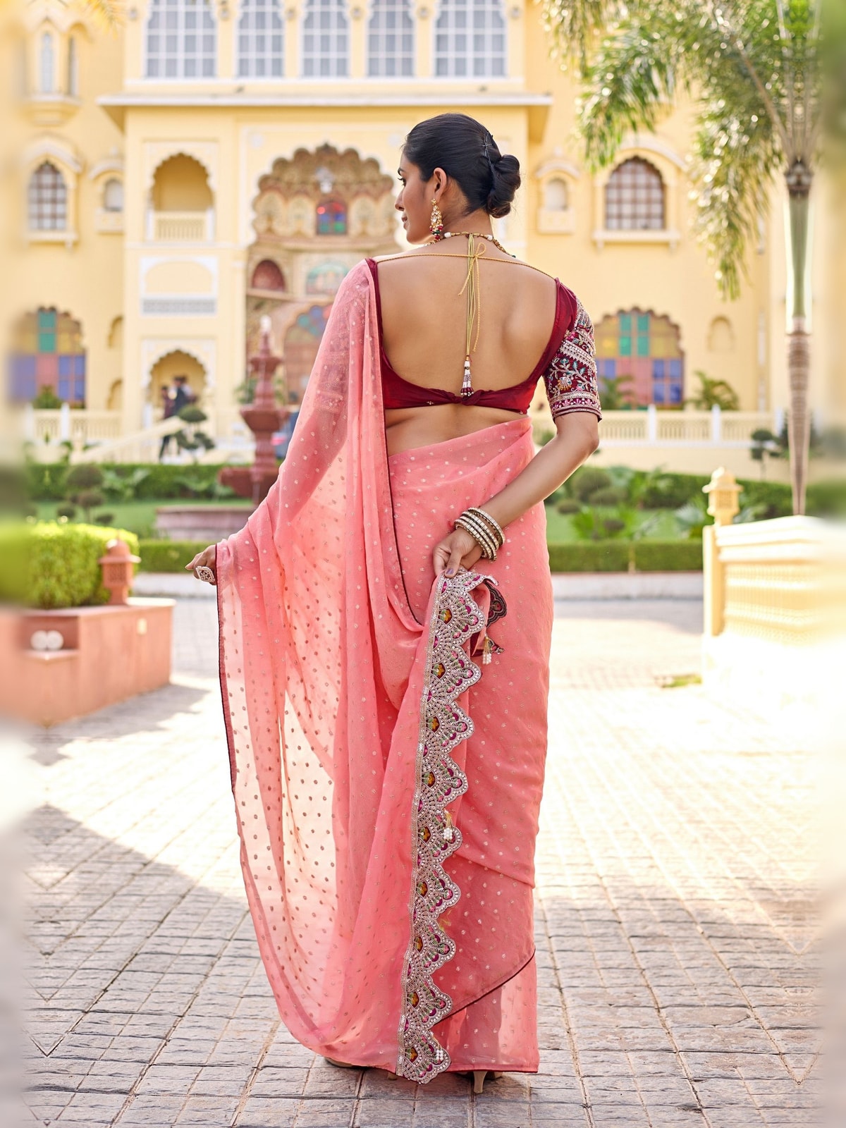 Peachmode Coral Bhutti Georgette Saree With Heavy Embroidered Scalloped Border - Image 6