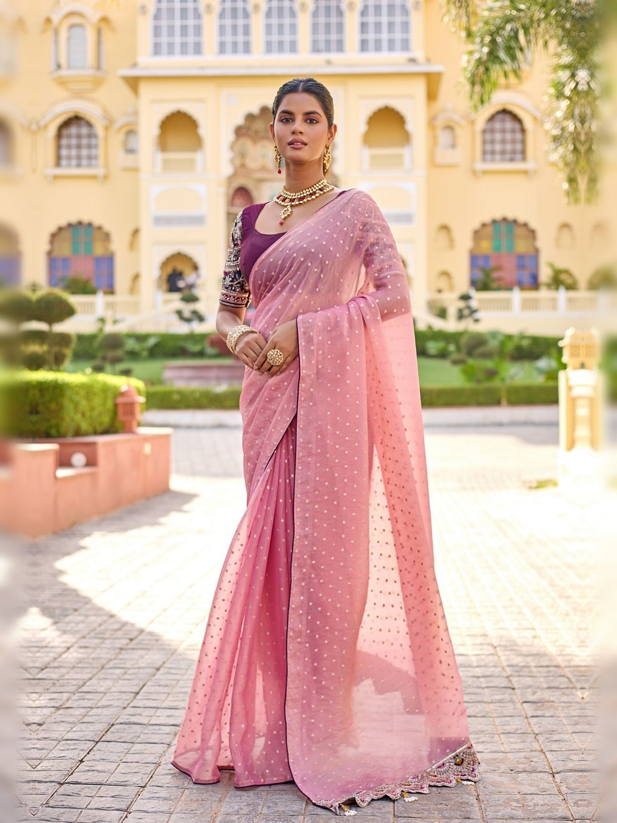 Peachmode Dusty Rose Bhutti Georgette Saree With Heavy Embroidered Scalloped Border - Image 1
