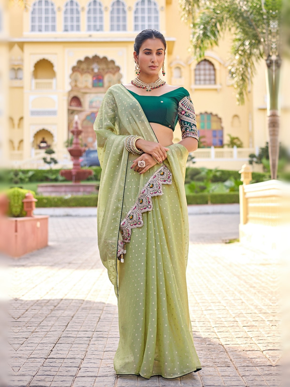 Peachmode Pista Green Bhutti Georgette Saree With Heavy Embroidered Scalloped Border - Image 1