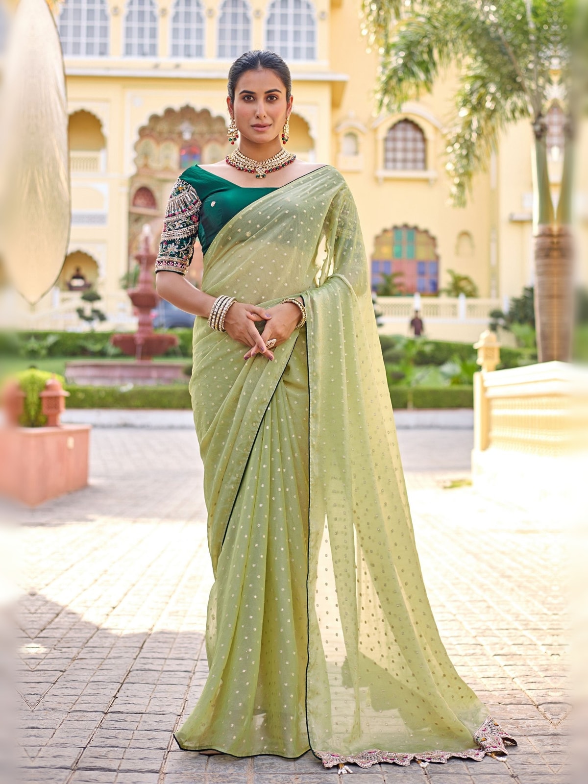 Peachmode Pista Green Bhutti Georgette Saree With Heavy Embroidered Scalloped Border - Image 2