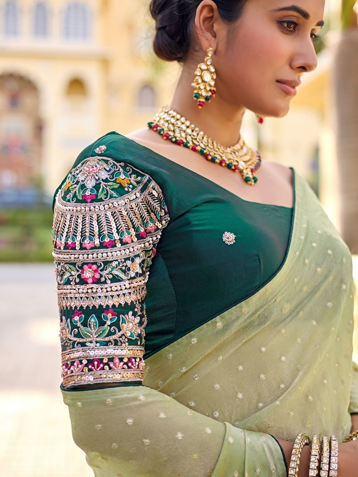 Peachmode Pista Green Bhutti Georgette Saree With Heavy Embroidered Scalloped Border - Image 5