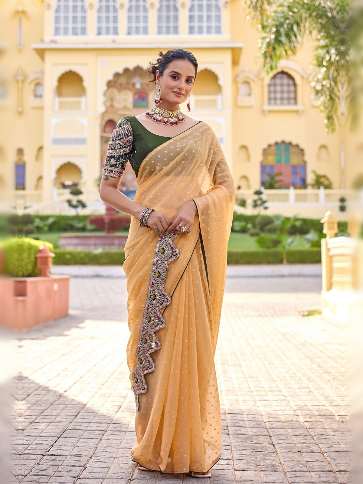 Peachmode Peach Bhutti Georgette Saree With Heavy Embroidered Scalloped Border - Image 1