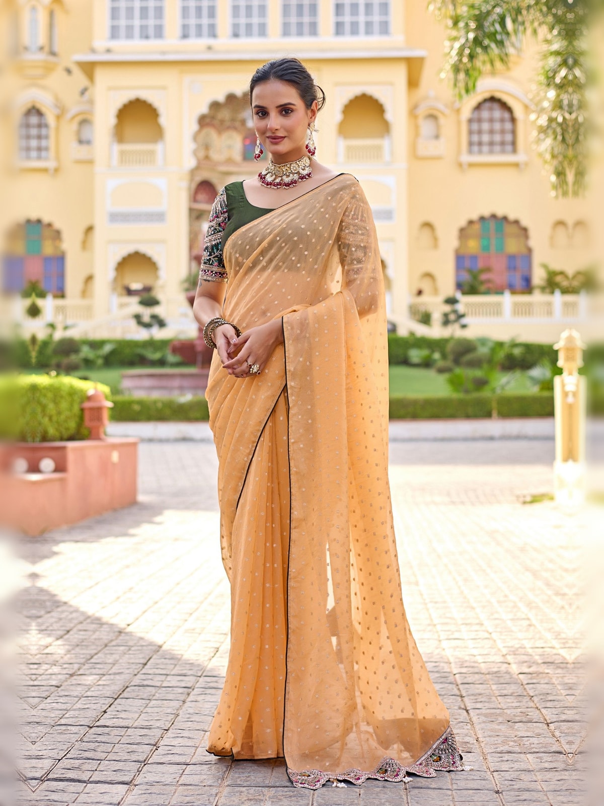 Peachmode Peach Bhutti Georgette Saree With Heavy Embroidered Scalloped Border - Image 3