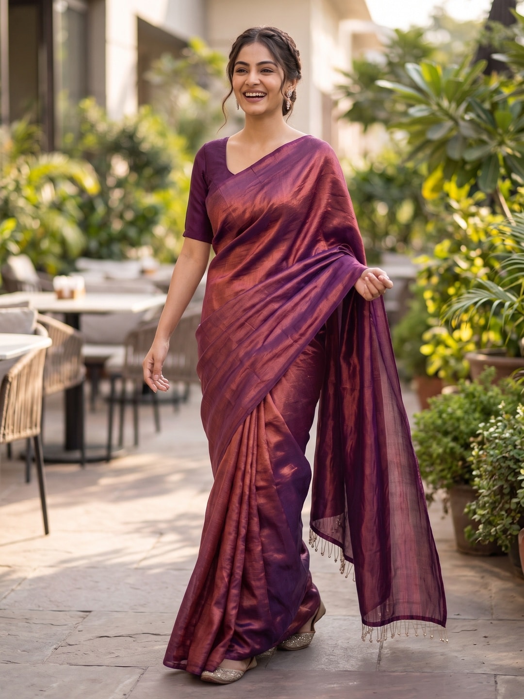 Peachmode Rust Fendi Satin Saree With Tassel Edge - Image 3