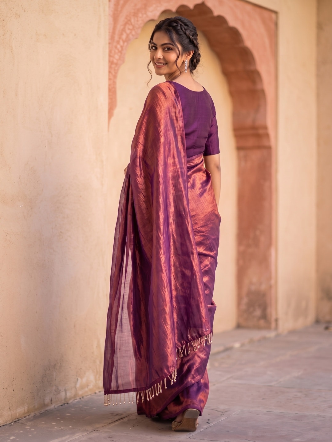 Peachmode Rust Fendi Satin Saree With Tassel Edge - Image 4