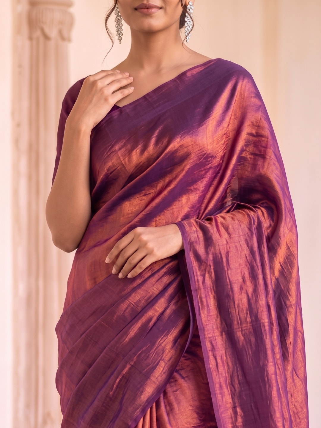 Peachmode Rust Fendi Satin Saree With Tassel Edge - Image 5