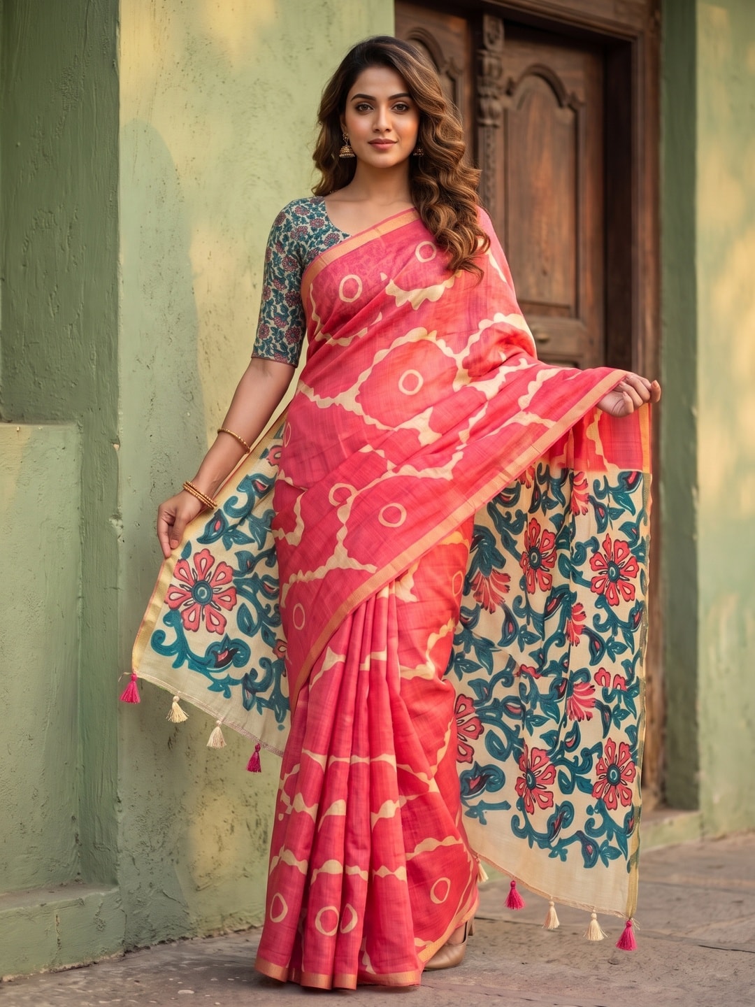 Peachmode Coral Abstract Printed Linen Saree With Jari Patti - Image 1