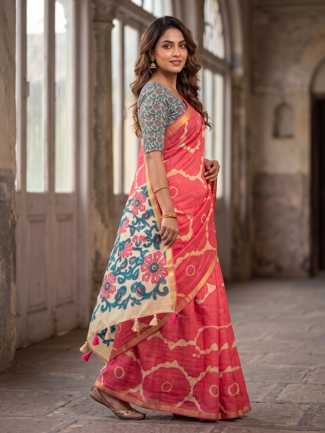 Peachmode Coral Abstract Printed Linen Saree With Jari Patti - Image 3