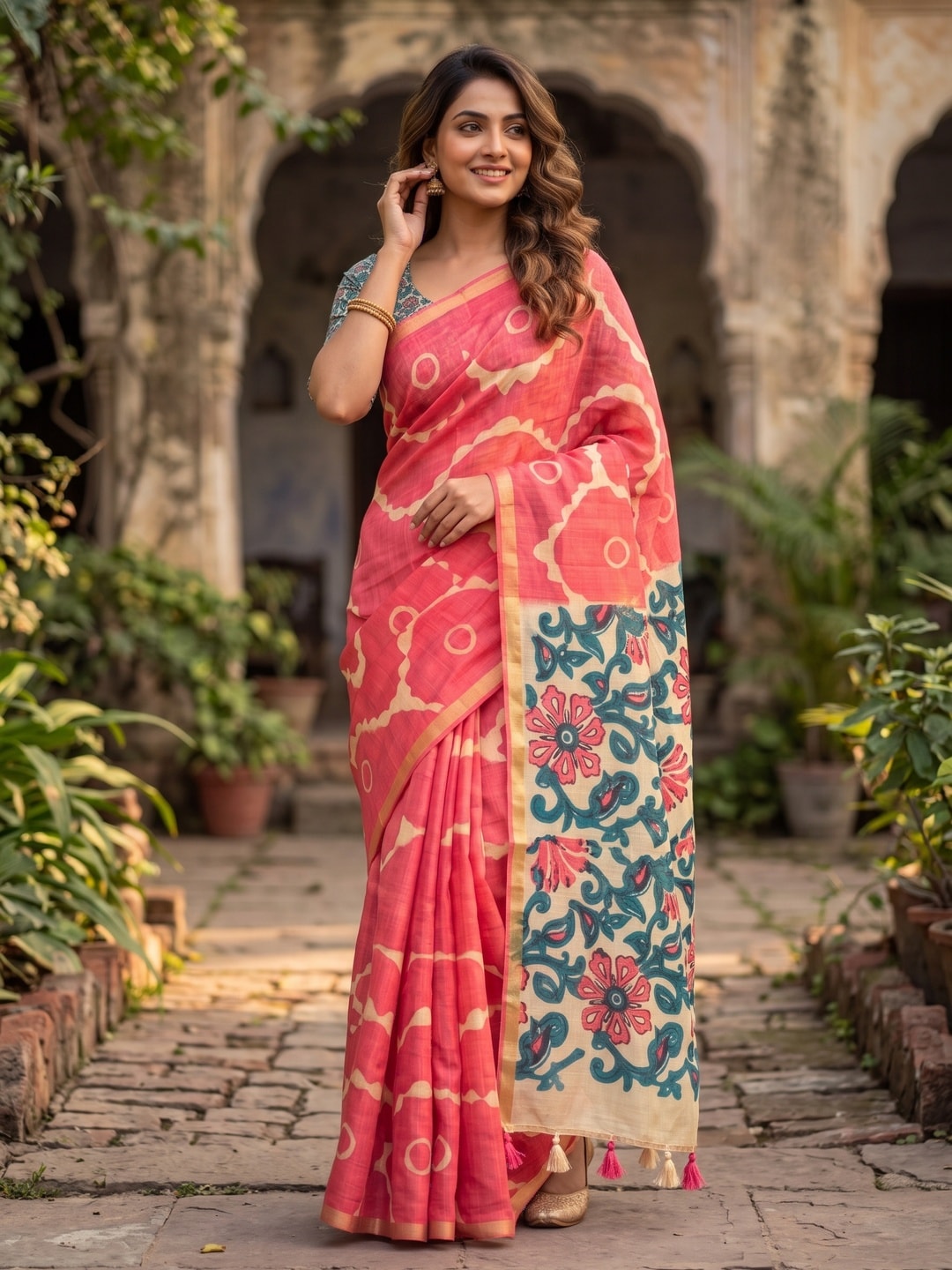 Peachmode Coral Abstract Printed Linen Saree With Jari Patti - Image 4