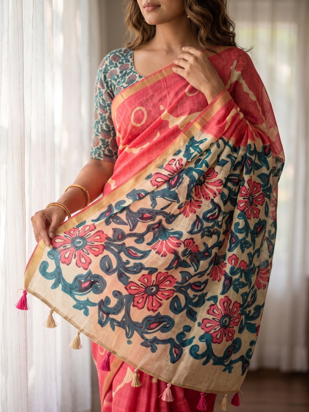 Peachmode Coral Abstract Printed Linen Saree With Jari Patti - Image 5