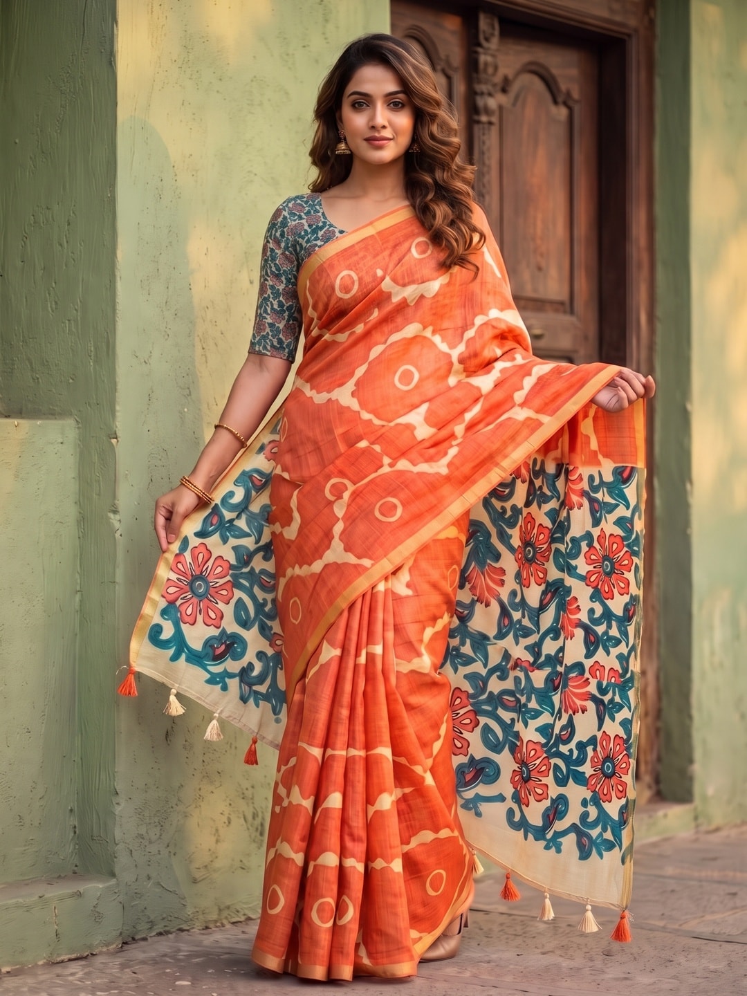 Peachmode Orange Abstract Printed Linen Saree With Jari Patti - Image 1