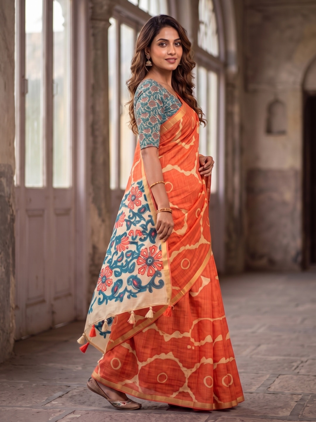 Peachmode Orange Abstract Printed Linen Saree With Jari Patti - Image 3