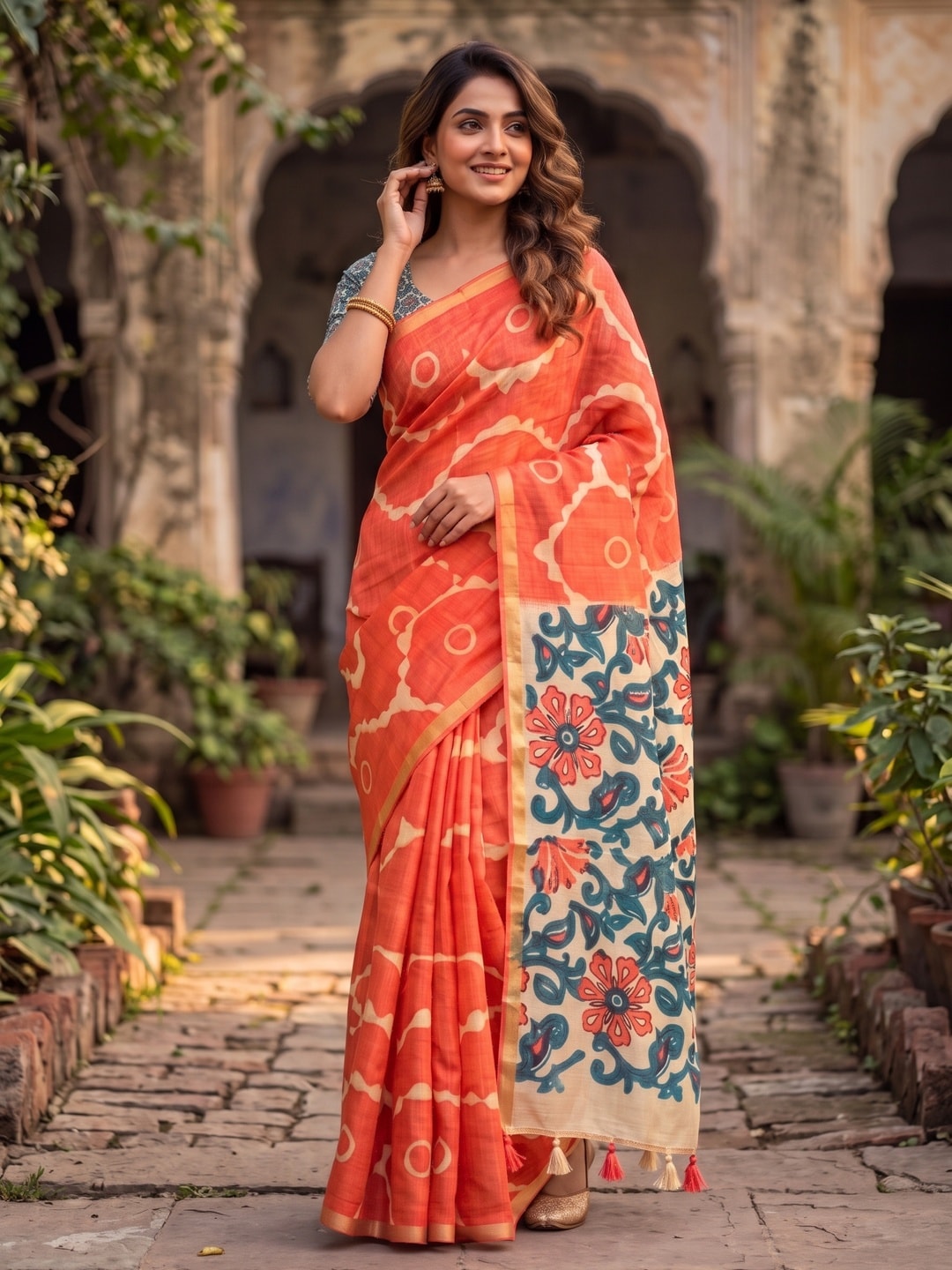 Peachmode Orange Abstract Printed Linen Saree With Jari Patti - Image 4