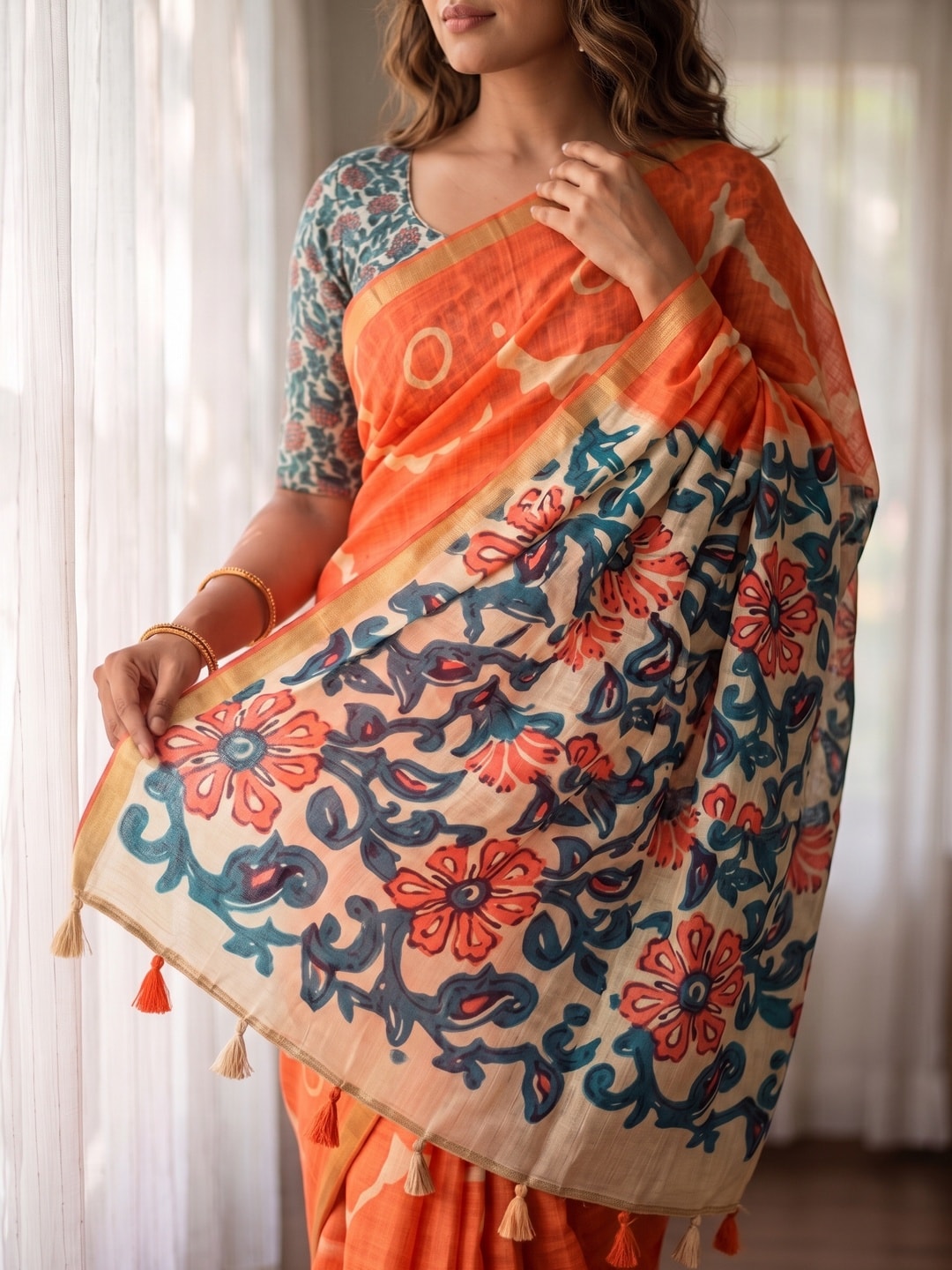 Peachmode Orange Abstract Printed Linen Saree With Jari Patti - Image 5