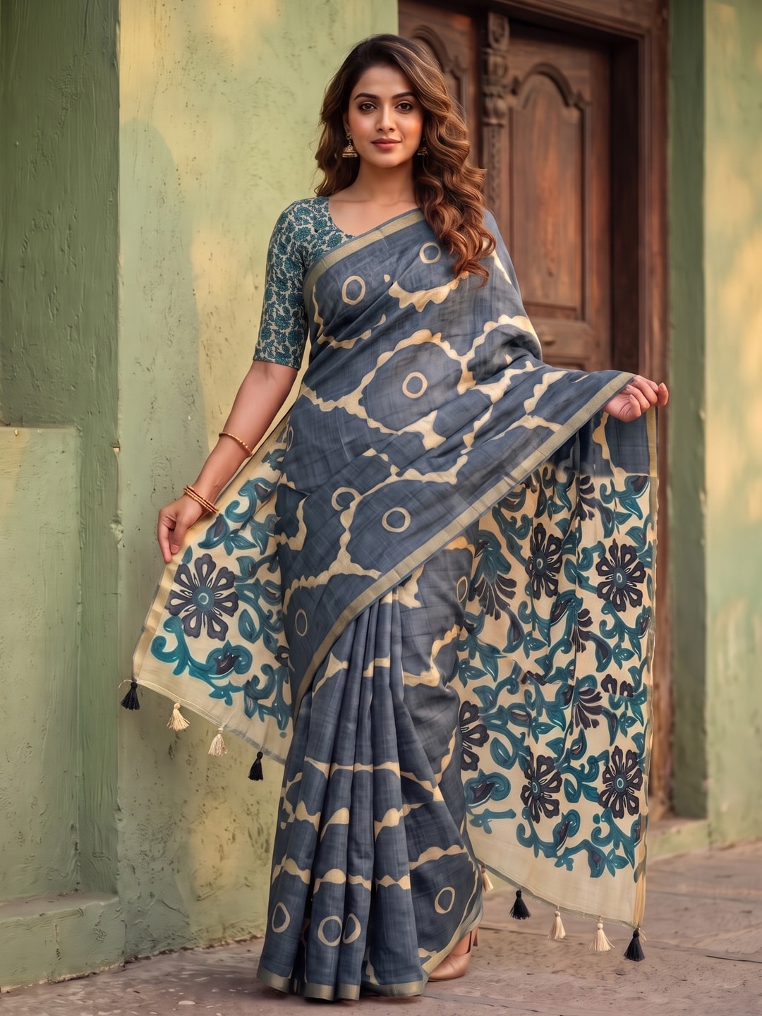 Peachmode Navy Blue Abstract Printed Linen Saree With Jari Patti - Image 1