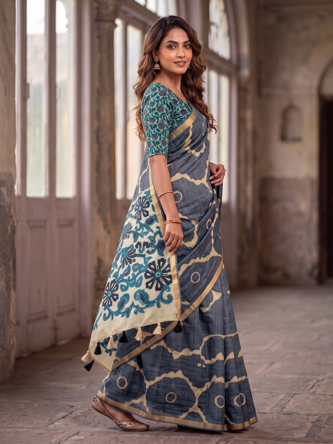 Peachmode Navy Blue Abstract Printed Linen Saree With Jari Patti - Image 3