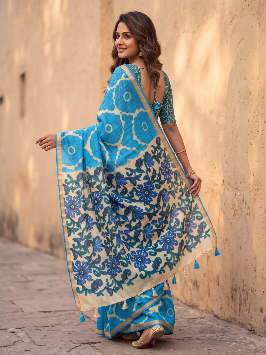 Peachmode Sky Blue Abstract Printed Linen Saree With Jari Patti - Image 2
