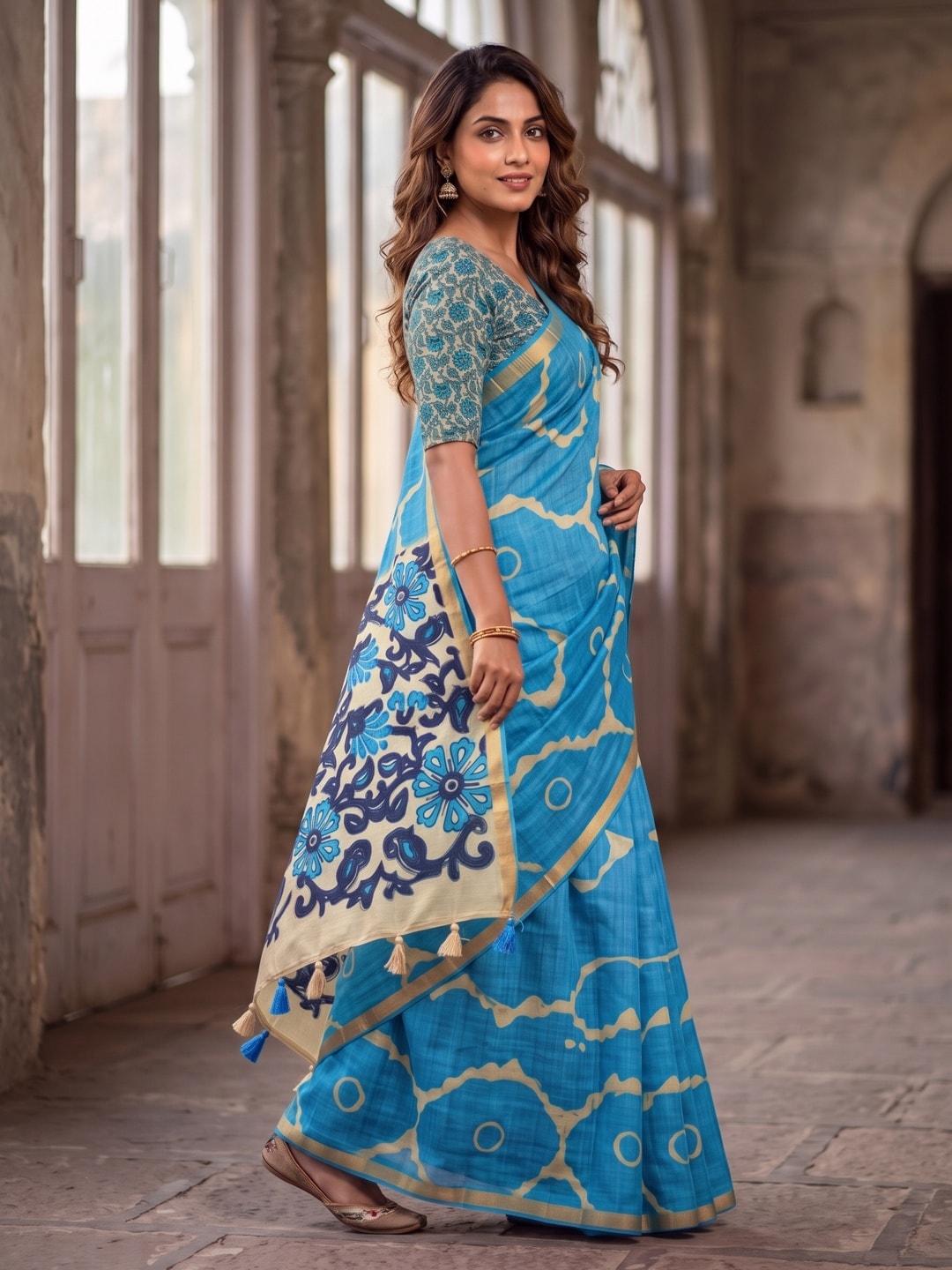 Peachmode Sky Blue Abstract Printed Linen Saree With Jari Patti - Image 3