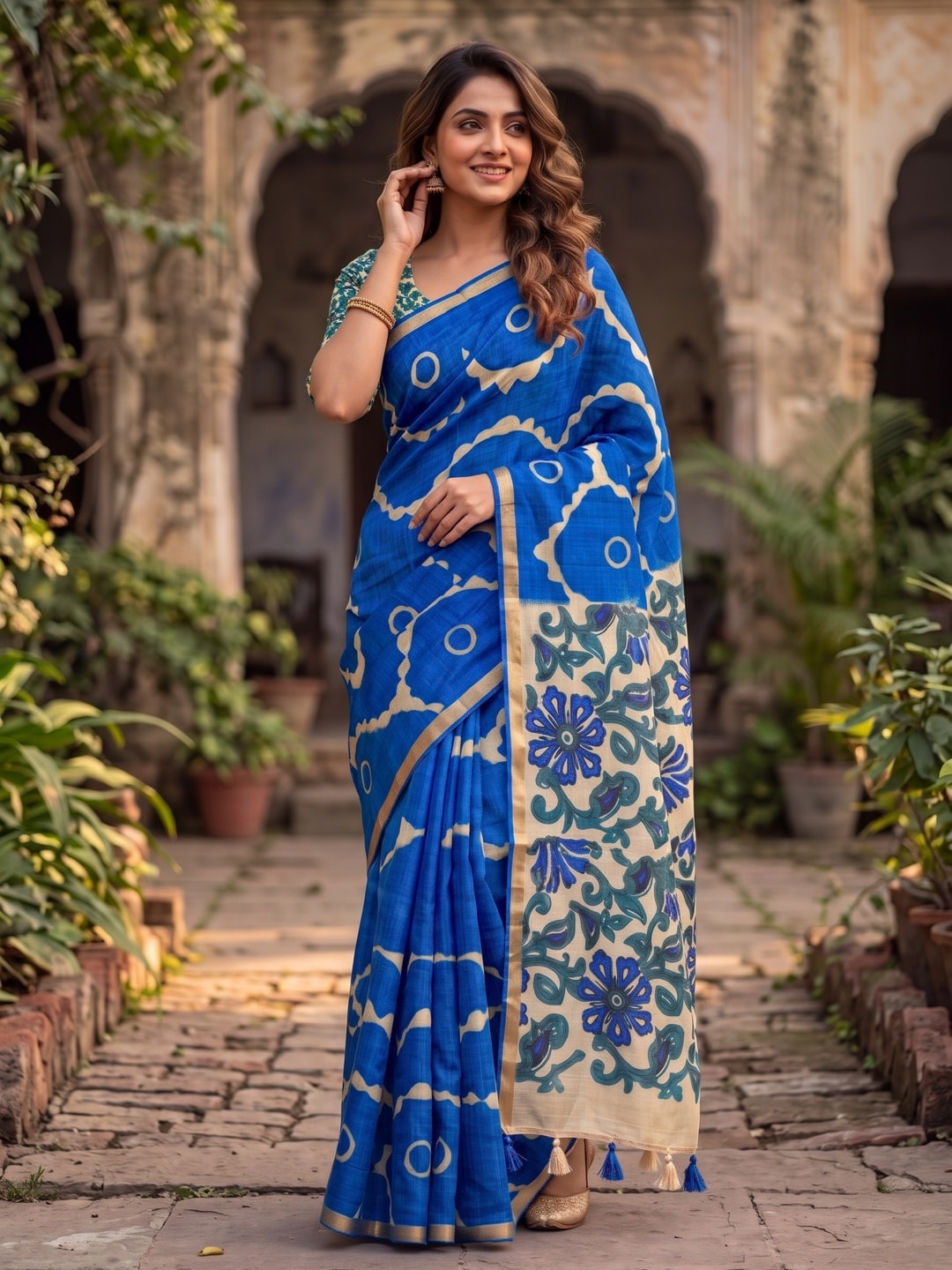 Peachmode Blue Abstract Printed Linen Saree With Jari Patti - Image 4