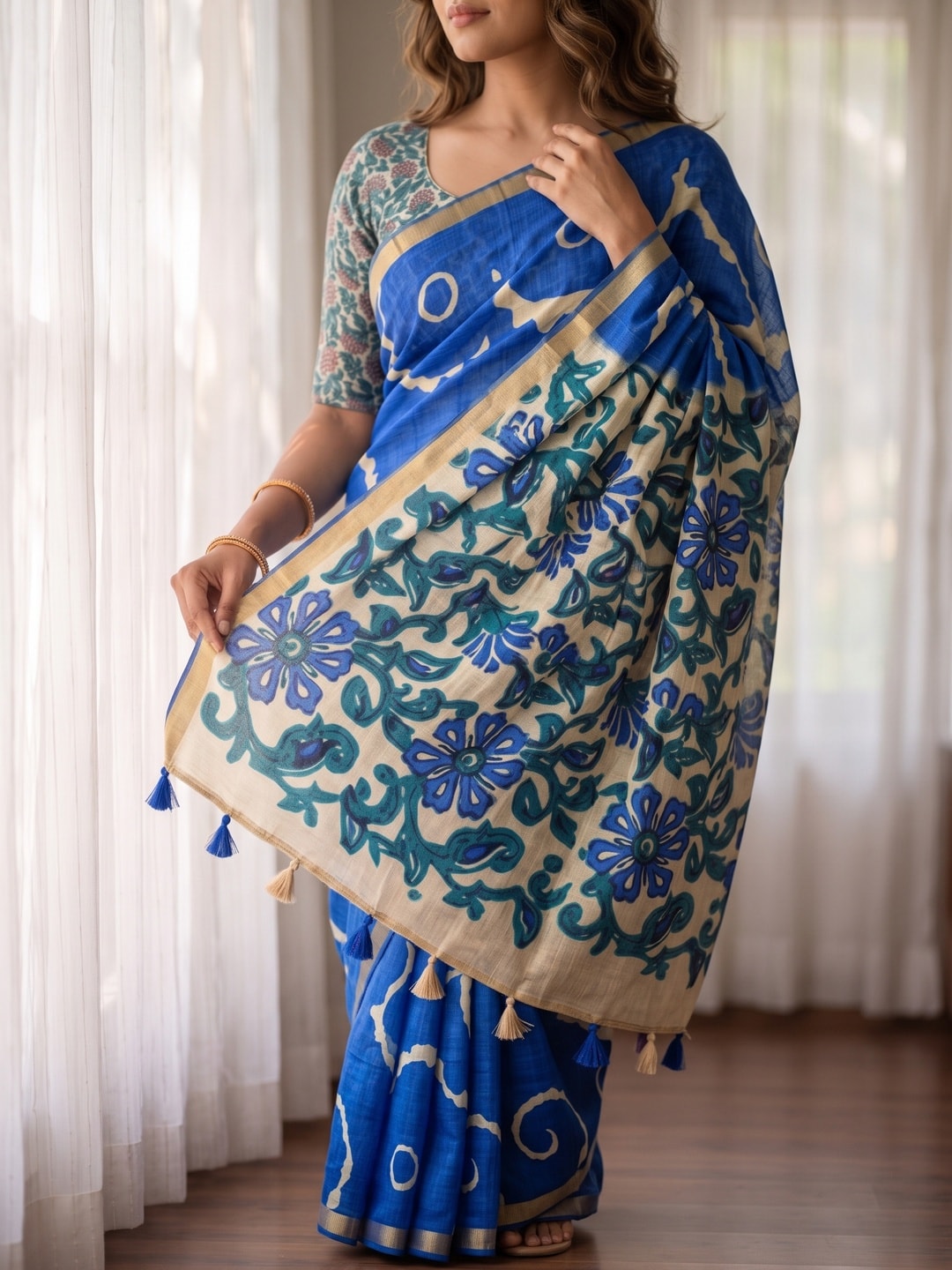 Peachmode Blue Abstract Printed Linen Saree With Jari Patti - Image 5