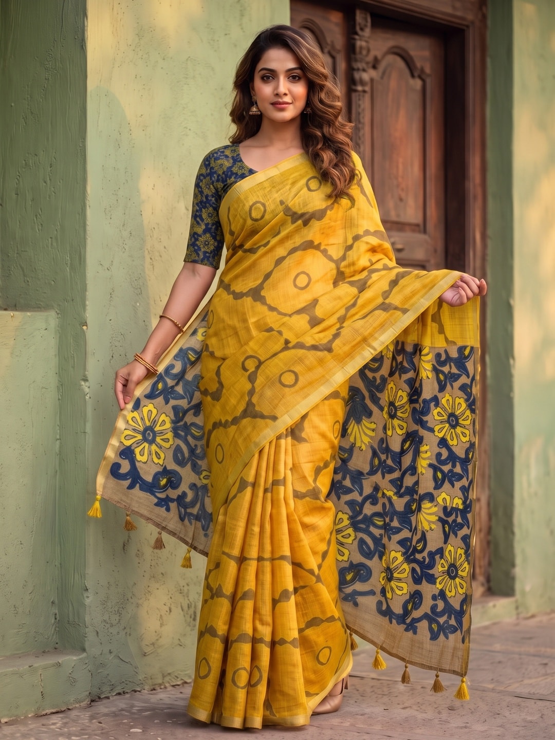 Peachmode Mustard Abstract Printed Linen Saree With Jari Patti - Image 1