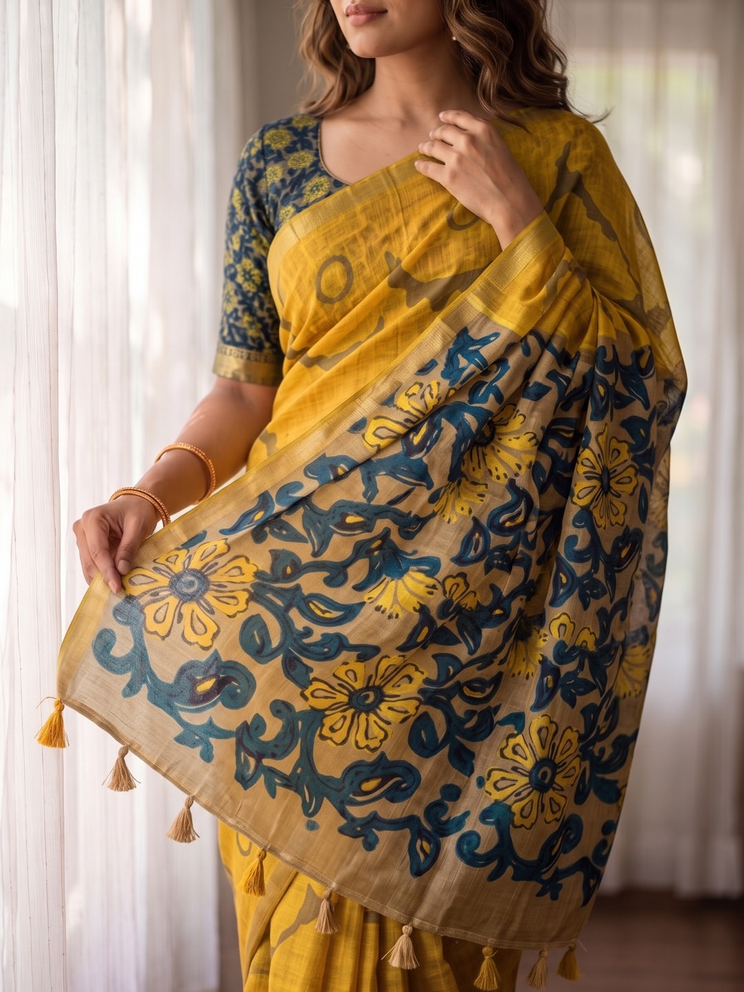 Peachmode Mustard Abstract Printed Linen Saree With Jari Patti - Image 5