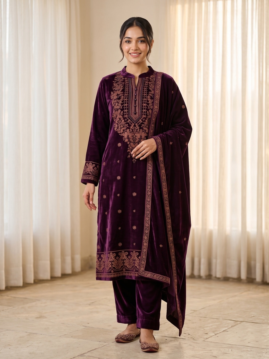 Peachmode Purple Velvet Salwar Suit with Dupatta