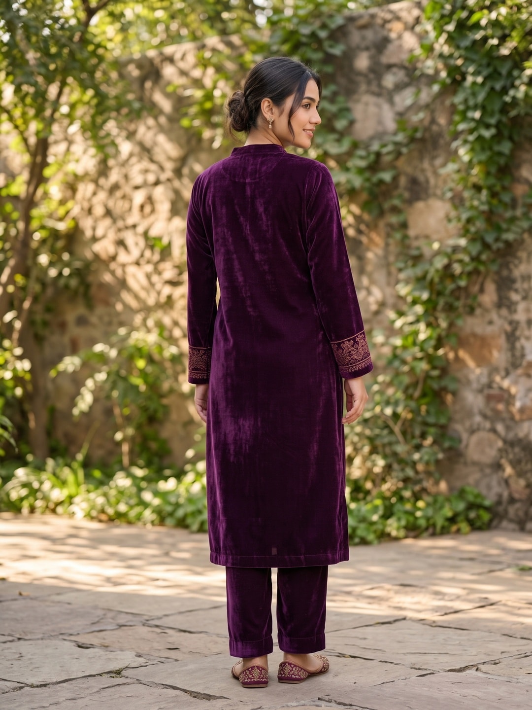 Peachmode Purple Velvet Salwar Suit with Dupatta - Image 3