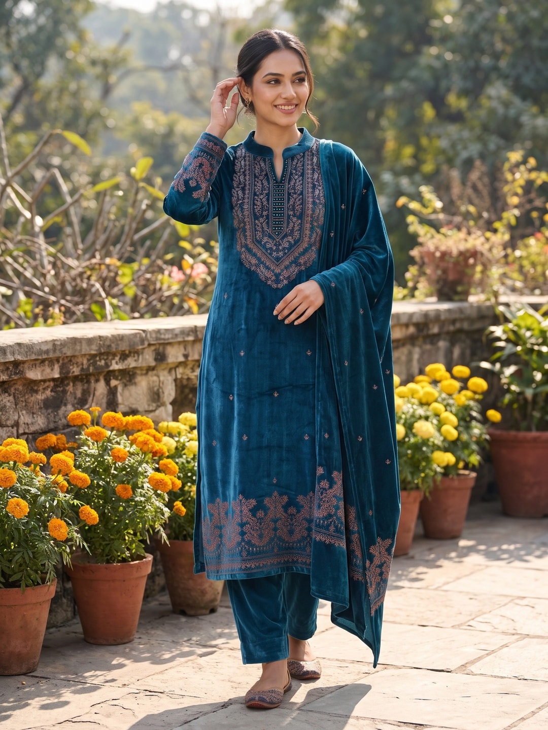 Peachmode Teal Velvet Salwar Suit with Dupatta - Image 2