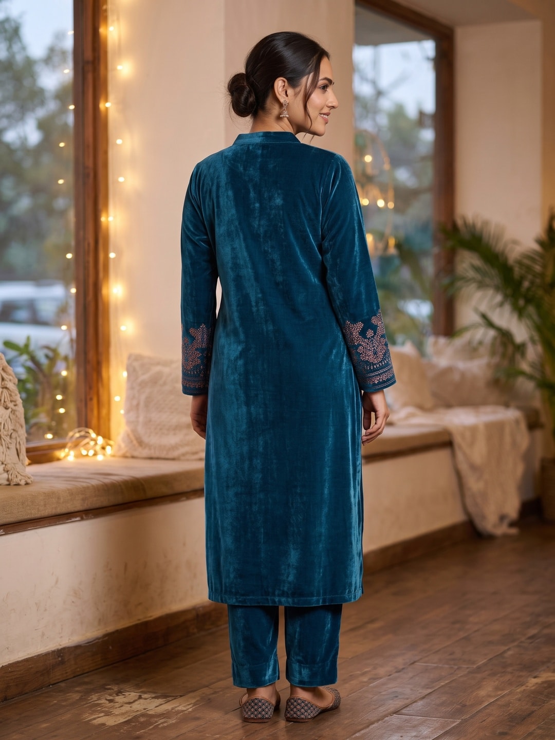 Peachmode Teal Velvet Salwar Suit with Dupatta - Image 4