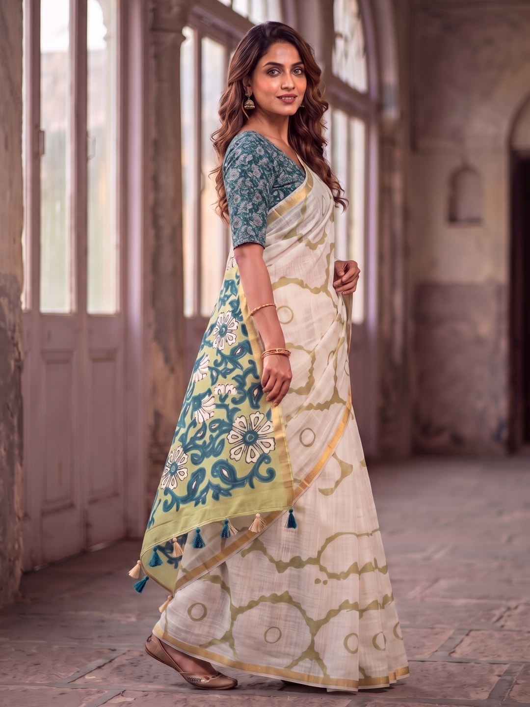 Peachmode Cream Abstract Printed Linen Saree With Jari Patti - Image 3