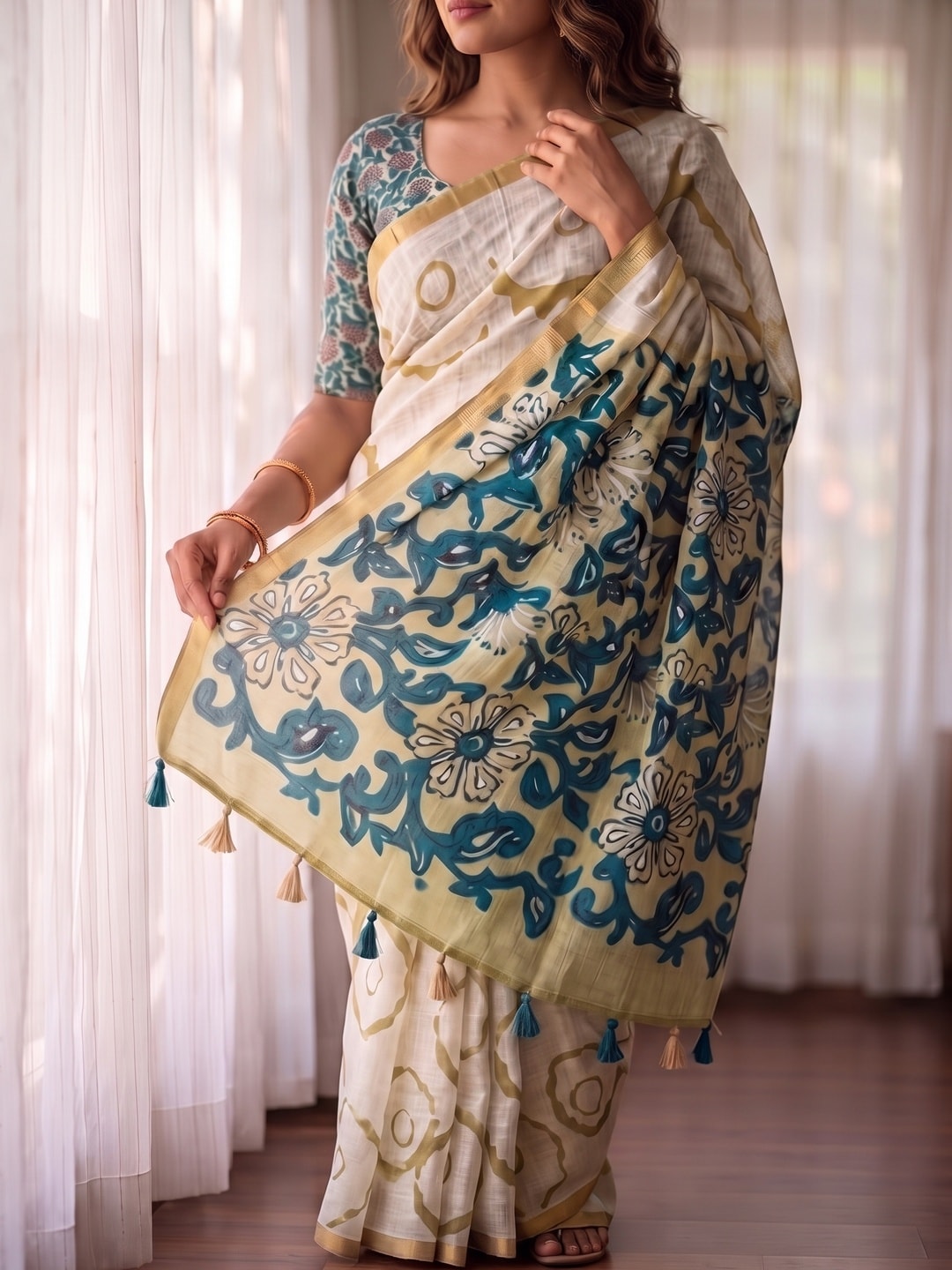 Peachmode Cream Abstract Printed Linen Saree With Jari Patti - Image 5