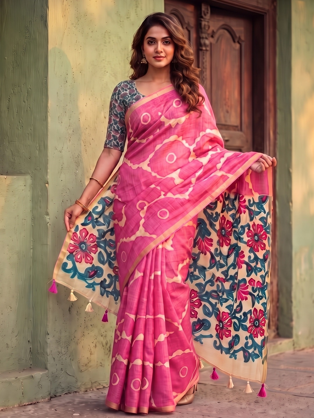 Peachmode Pink Abstract Printed Linen Saree With Jari Patti - Image 1