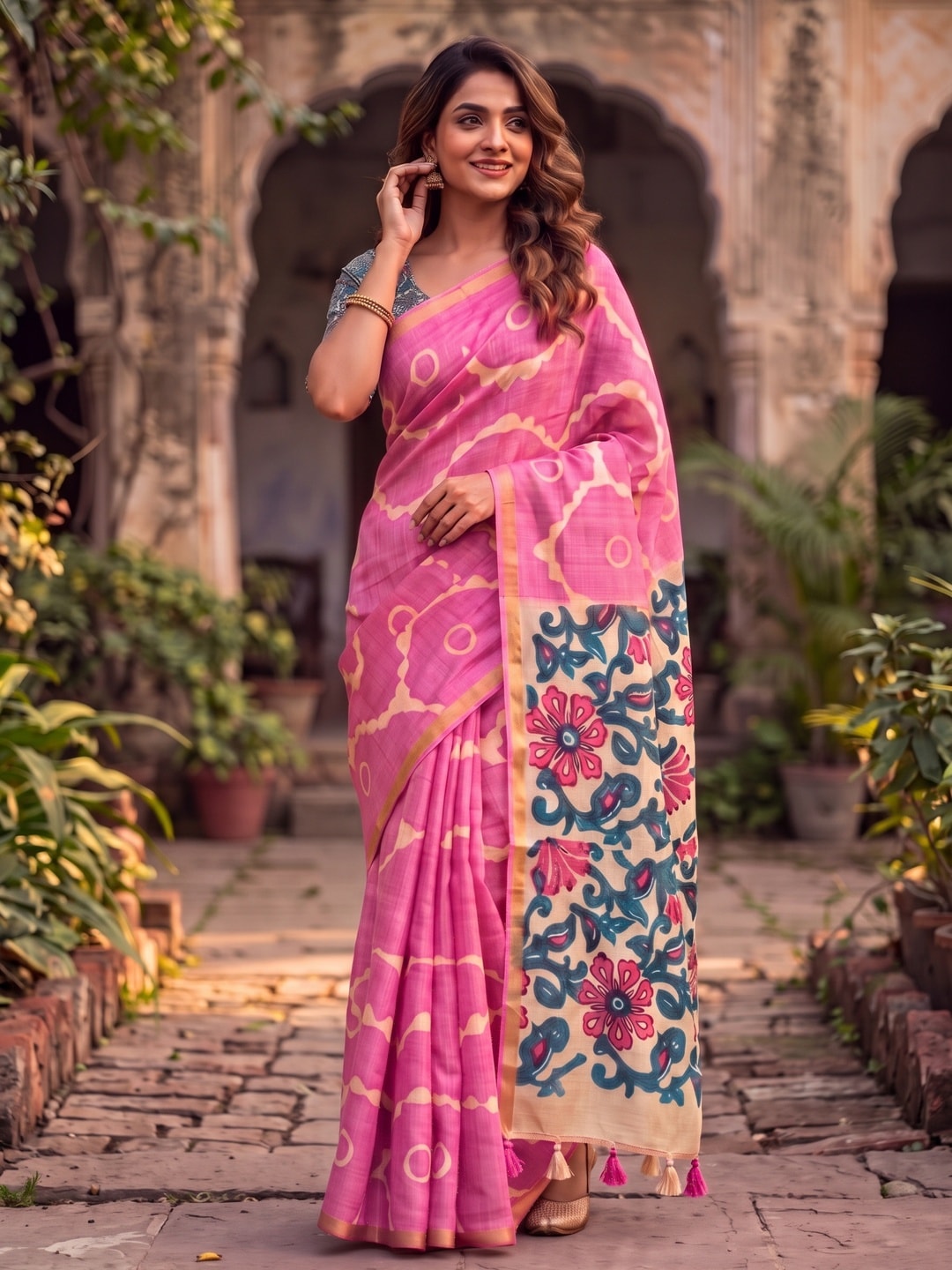 Peachmode Pink Abstract Printed Linen Saree With Jari Patti - Image 4