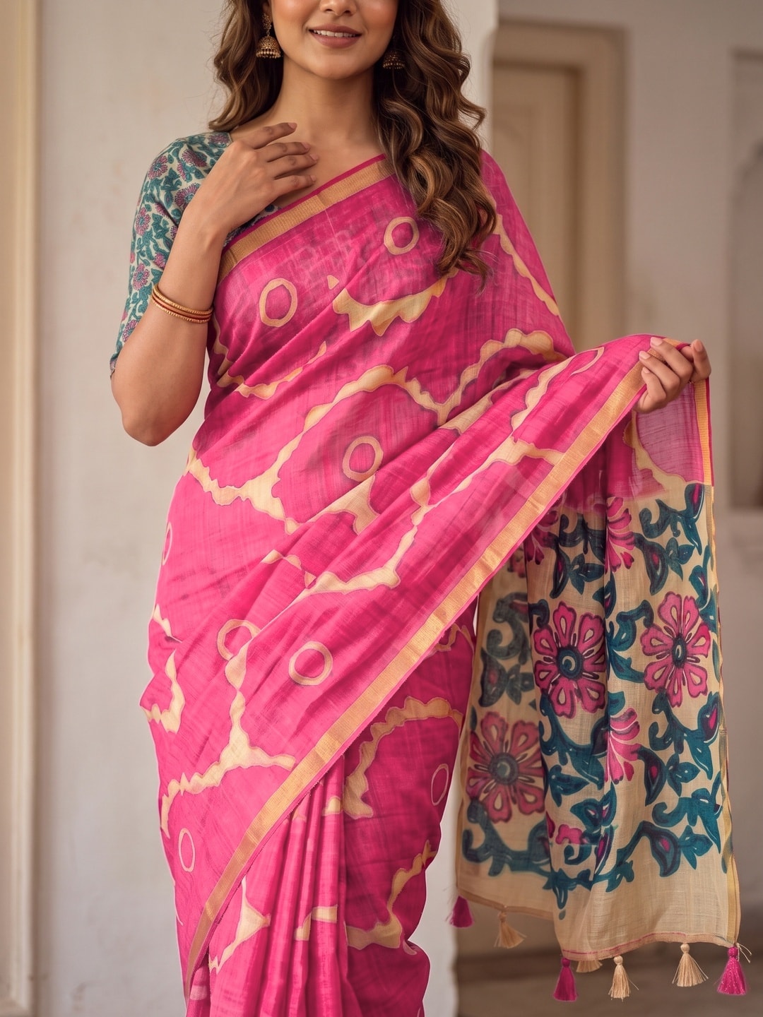 Peachmode Pink Abstract Printed Linen Saree With Jari Patti - Image 5