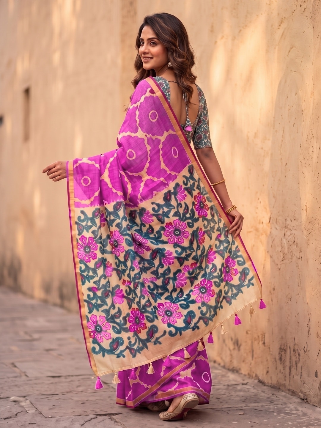 Peachmode Magenta Abstract Printed Linen Saree With Jari Patti - Image 1