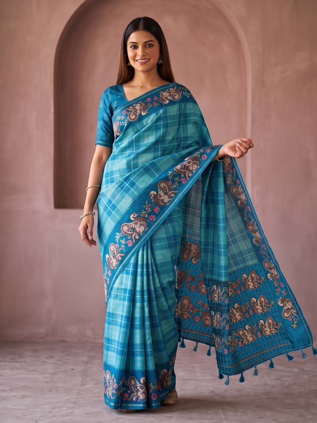 Peachmode Turquoise Kalamkari Peacock Border Check Tussar Saree With Tassels - Image 1
