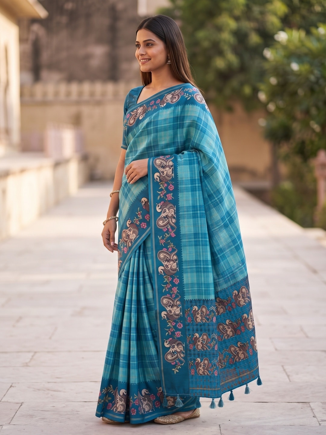 Peachmode Turquoise Kalamkari Peacock Border Check Tussar Saree With Tassels - Image 3