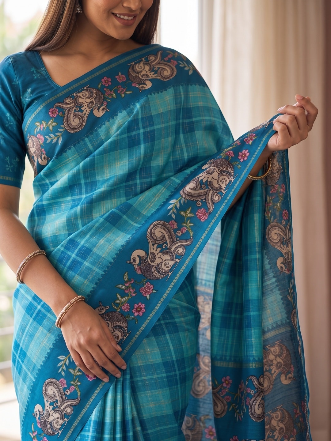 Peachmode Turquoise Kalamkari Peacock Border Check Tussar Saree With Tassels - Image 5
